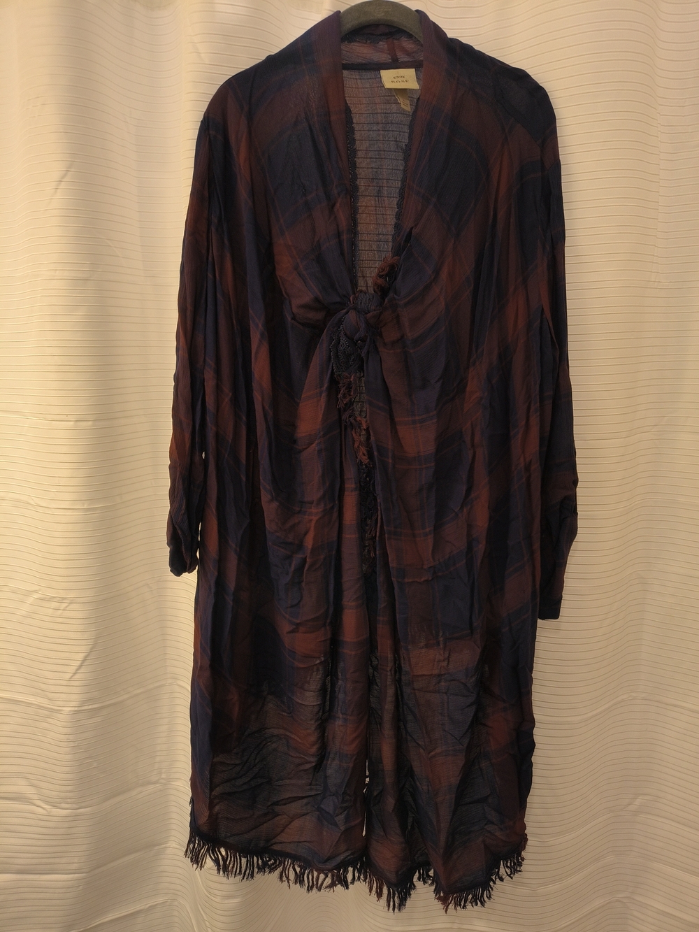 Knox Rose Navy & Brown Plaid Tie-Front Long Sleeve Duster